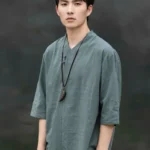 Mens Chinese Collar Shirt Jacquard Linen T-shirt