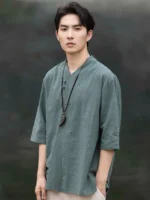 Mens Chinese Collar Shirt Jacquard Linen T-shirt