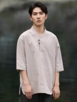 Mens Chinese Collar Shirt Jacquard Linen T-shirt - Image 2
