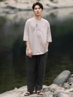 Mens Chinese Collar Shirt Jacquard Linen T-shirt - Image 3
