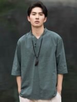 Mens Chinese Collar Shirt Jacquard Linen T-shirt - Image 4