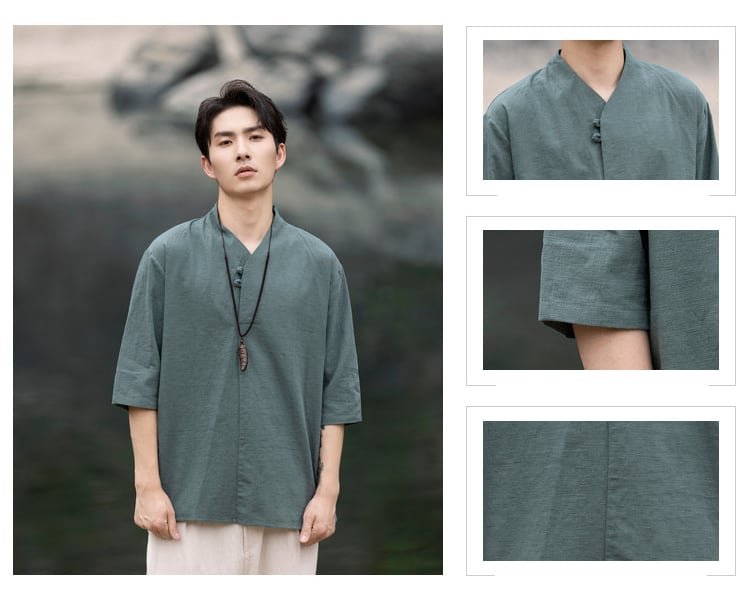 Mens Chinese Collar Shirt Jacquard Linen T-shirt
