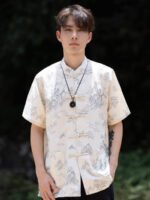 Mens Chinese Shirt Casual Button Short Sleeve Top - Image 2