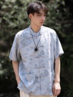 Mens Chinese Shirt Casual Button Short Sleeve Top - Image 3