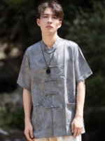 Mens Chinese Shirt Casual Button Short Sleeve Top - Image 4