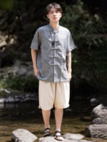 Mens Chinese Shirt Casual Button Short Sleeve Top - Image 5
