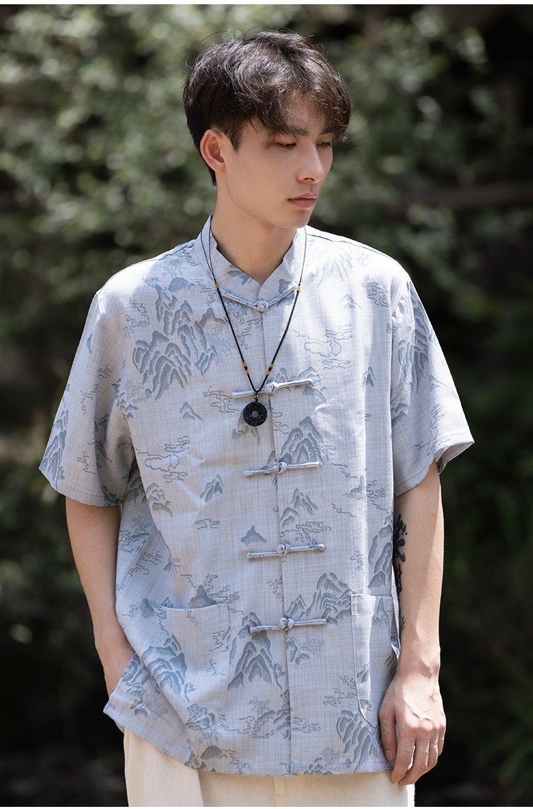Mens Chinese Shirt Casual Button Short Sleeve Top
