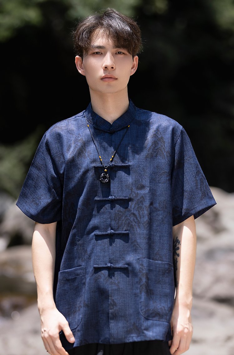 Mens Chinese Shirt Casual Button Short Sleeve Top