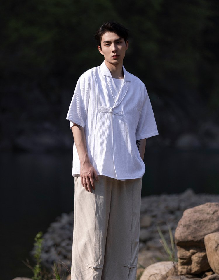 Mens Linen Shirt Chinese Short Sleeve Tang Suit