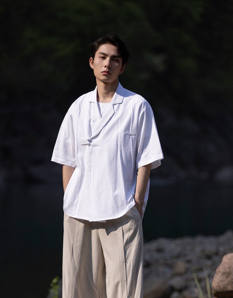 Mens Linen Shirt Chinese Short Sleeve Tang Suit