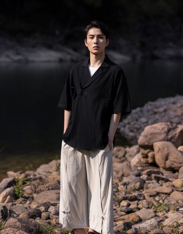 Mens Linen Shirt Chinese Short Sleeve Tang Suit