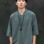 Mens Short Sleeve Linen Shirt Jacquard Tang Suit