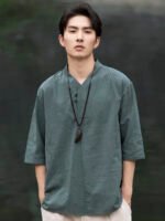 Mens Short Sleeve Linen Shirt Jacquard Tang Suit