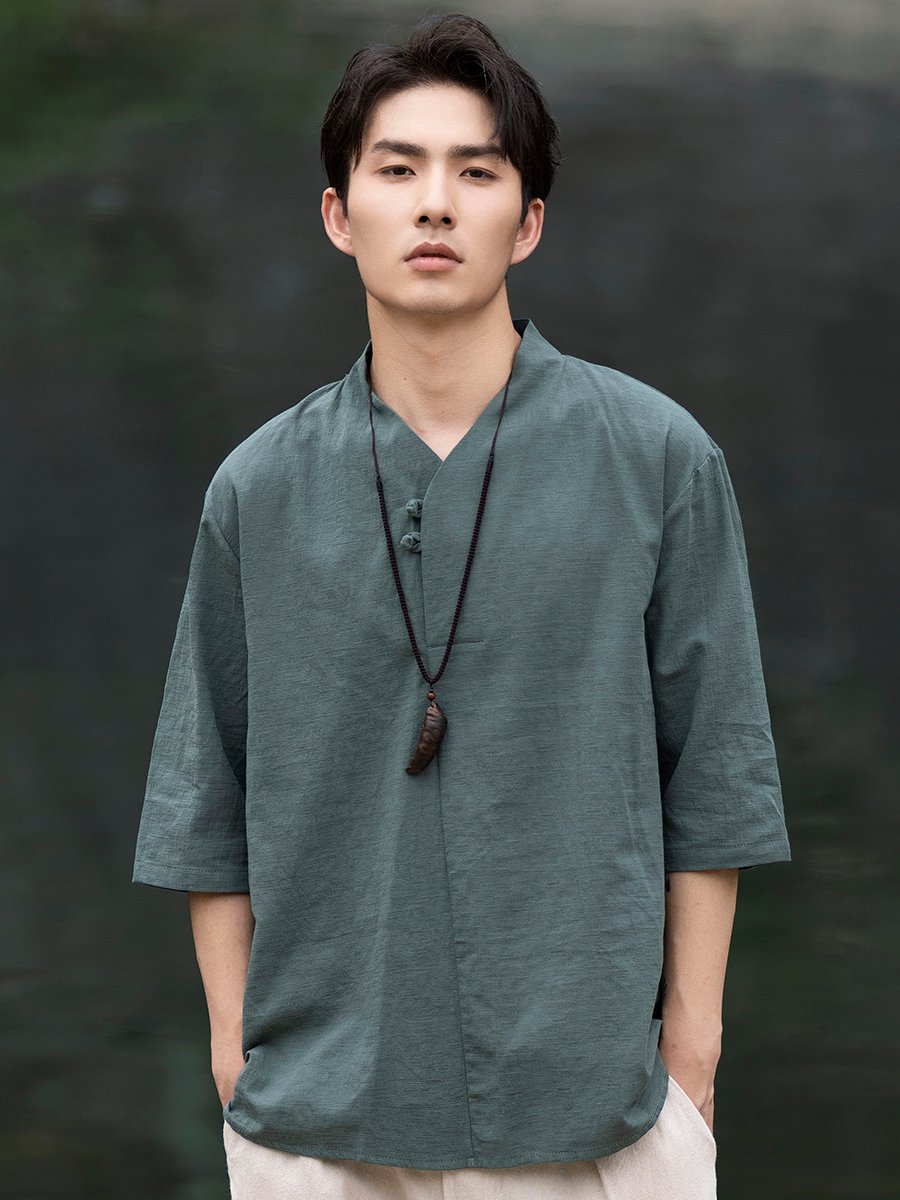 Mens-Short-Sleeve-Linen-Shirt-Jacquard-Tang-Suit1.jpg Mens Short Sleeve Linen Shirt Jacquard Tang Suit - Image 1