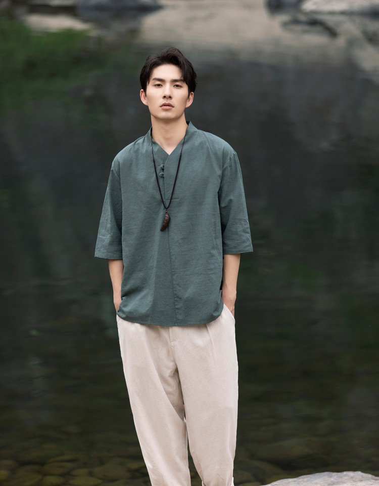 Mens Short Sleeve Linen Shirt Jacquard Tang Suit