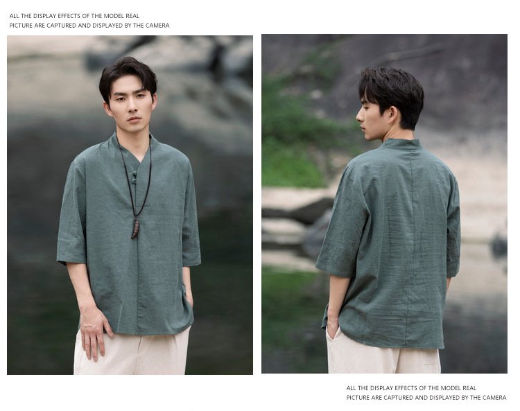 Mens Short Sleeve Linen Shirt Jacquard Tang Suit
