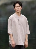 Mens Short Sleeve Linen Shirt Jacquard Tang Suit - Image 2