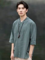 Mens Short Sleeve Linen Shirt Jacquard Tang Suit - Image 3