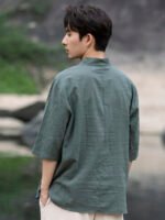 Mens Short Sleeve Linen Shirt Jacquard Tang Suit - Image 4