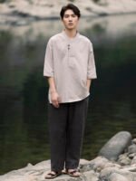 Mens Short Sleeve Linen Shirt Jacquard Tang Suit - Image 5