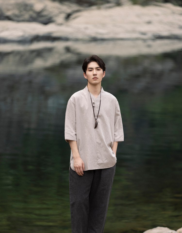 Mens Short Sleeve Linen Shirt Jacquard Tang Suit