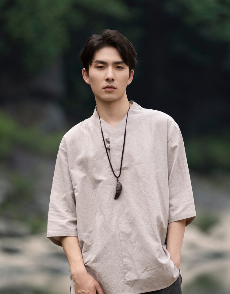 Mens Short Sleeve Linen Shirt Jacquard Tang Suit