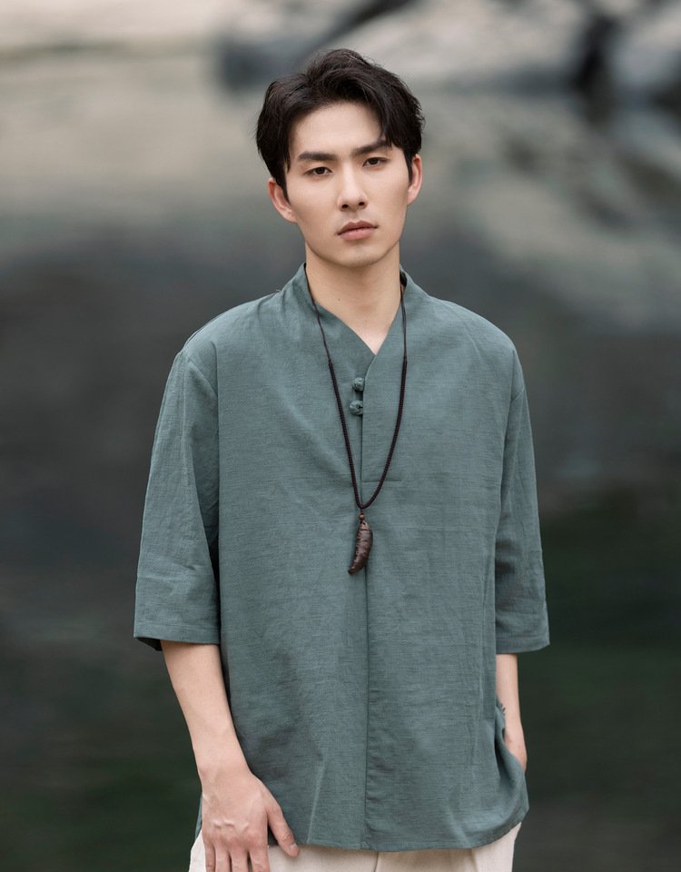 Mens Short Sleeve Linen Shirt Jacquard Tang Suit