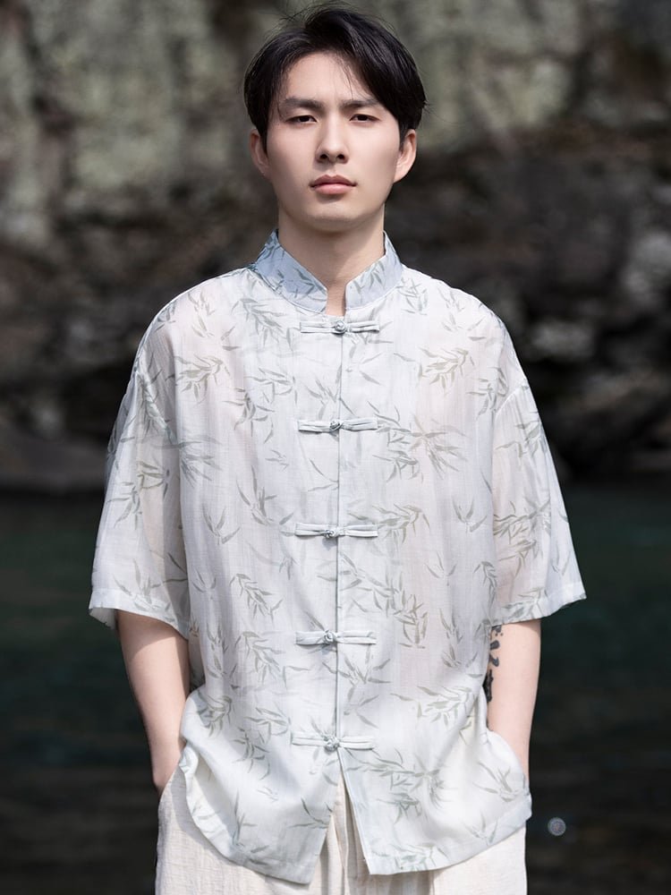 Mens Short Sleeve Shirts Ice Silk Tang Suit