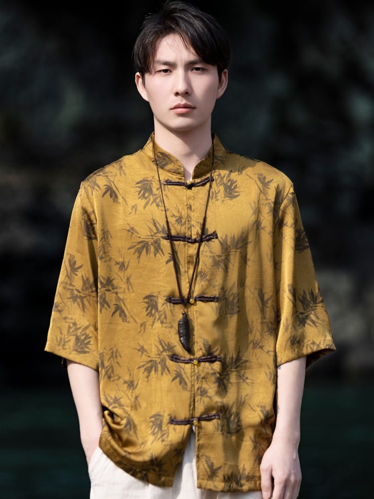 Mens Summer Shirts Ice Silk Stand Collar Shirt