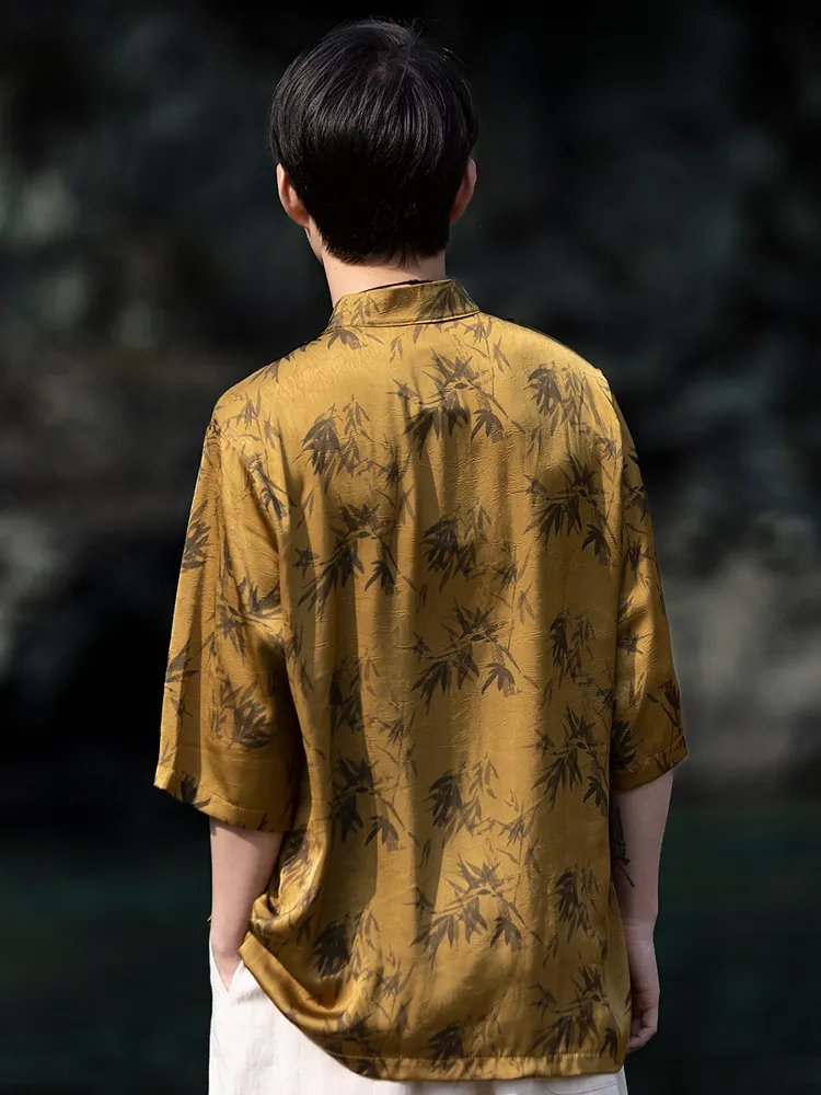Mens Summer Shirts Ice Silk Stand Collar Shirt