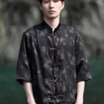 Mens Summer Shirts Ice Silk Stand Collar Shirt
