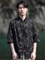 Mens Summer Shirts Ice Silk Stand Collar Shirt