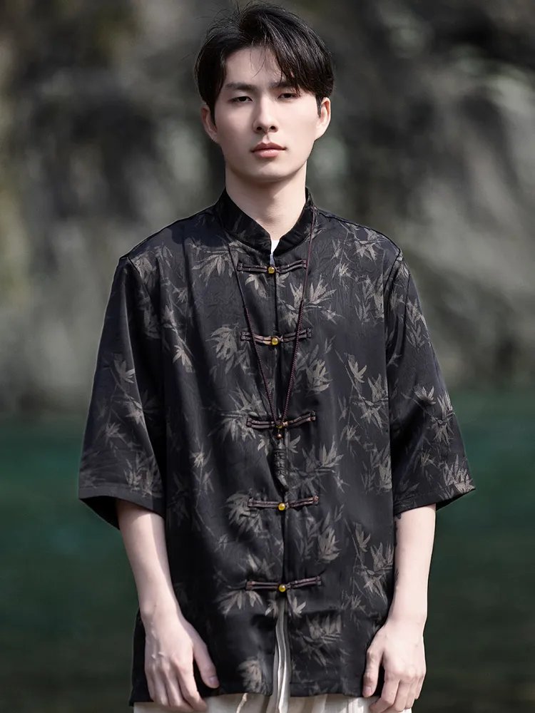 Mens Summer Shirts Ice Silk Stand Collar Shirt