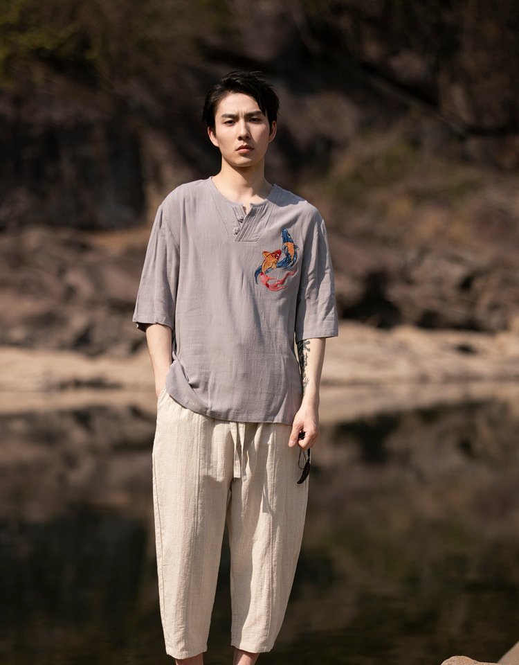 Mens T Shirt&nbsp; Retro Embroidery Tang Suit Top