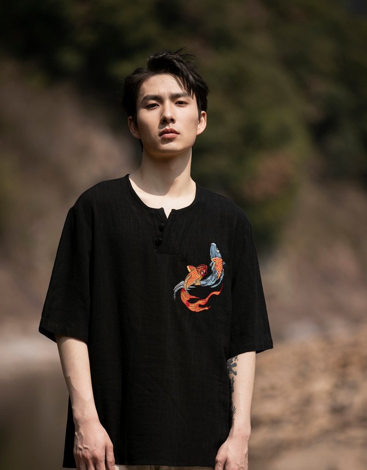 Mens T Shirt&nbsp; Retro Embroidery Tang Suit Top