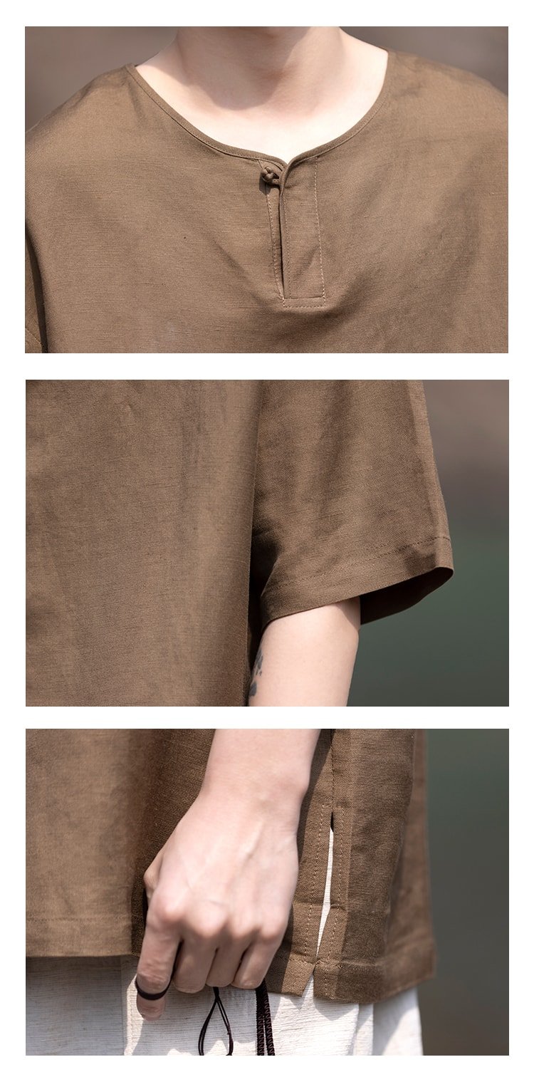 Mens T Shirts Chinese Style Linen Cotton Tee