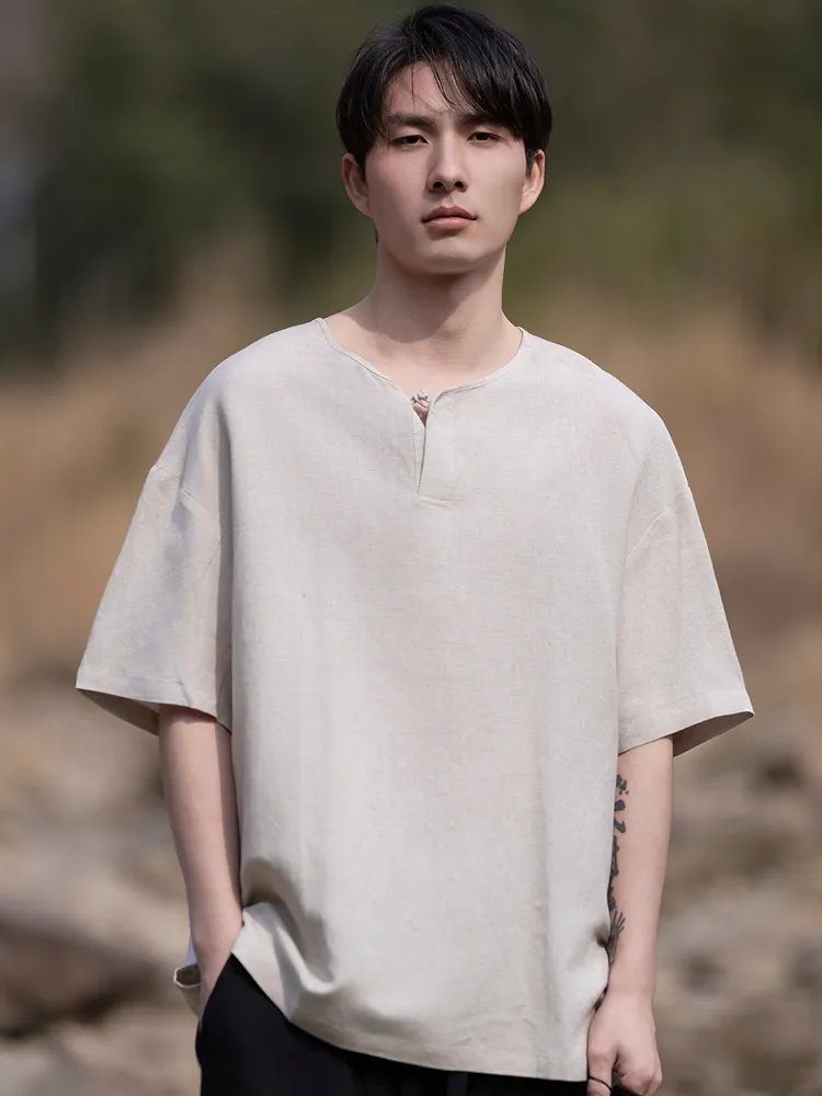 Mens T Shirts Chinese Style Linen Cotton Tee