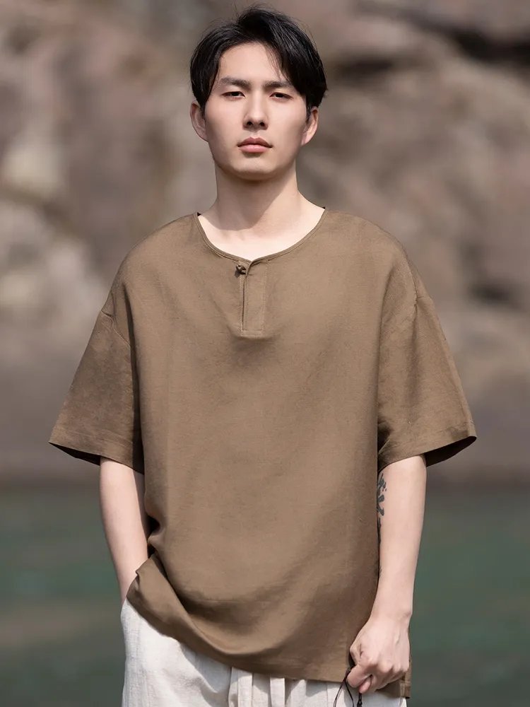 Mens T Shirts Chinese Style Linen Cotton Tee