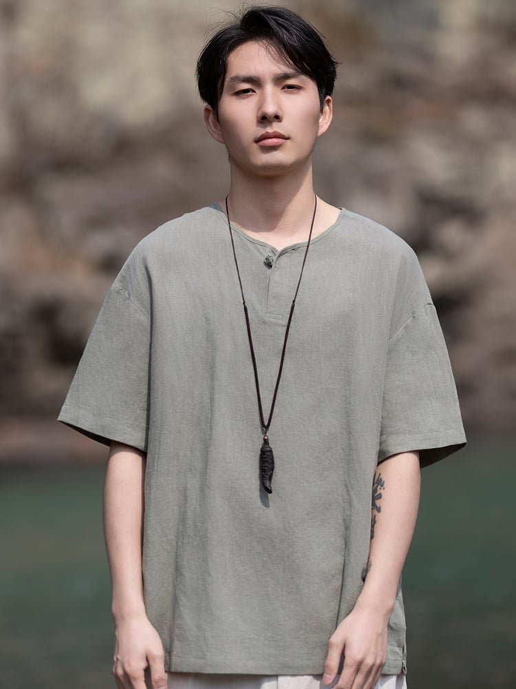 Mens T Shirts Chinese Style Linen Cotton Tee