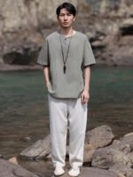 Mens T Shirts Chinese Style Linen Cotton Tee - Image 4