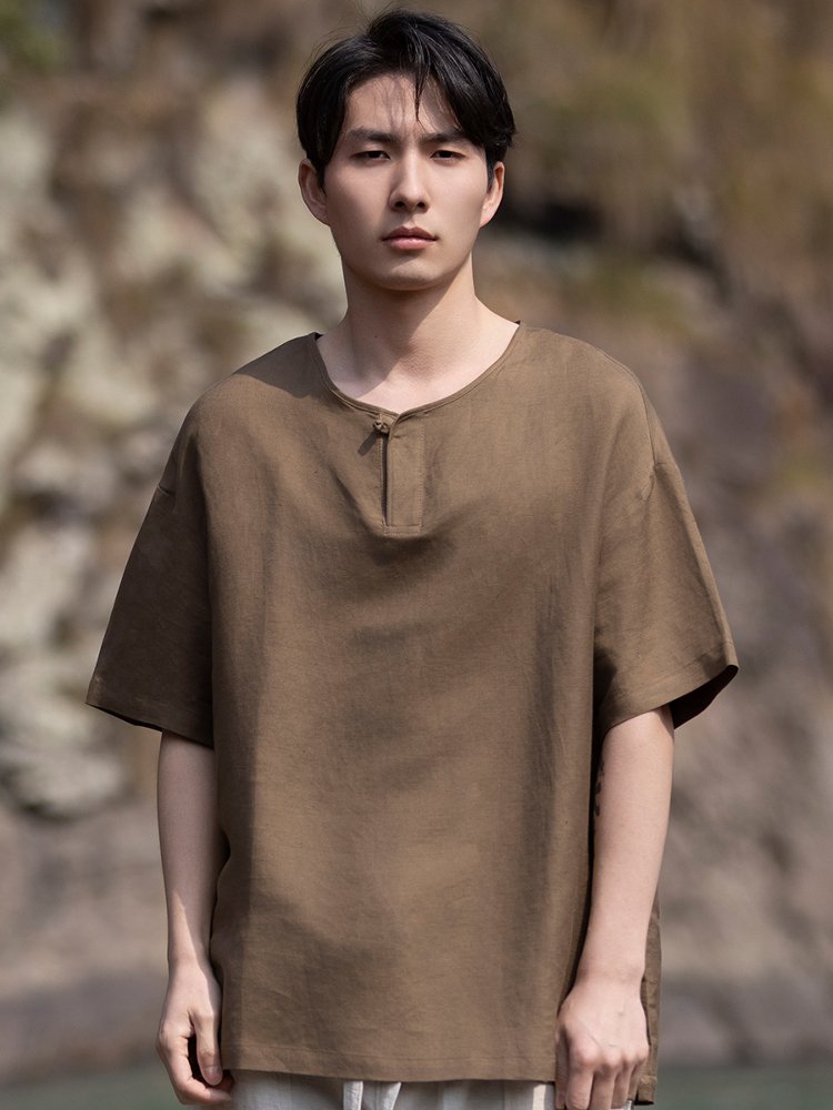 Mens T Shirts Chinese Style Linen Cotton Tee