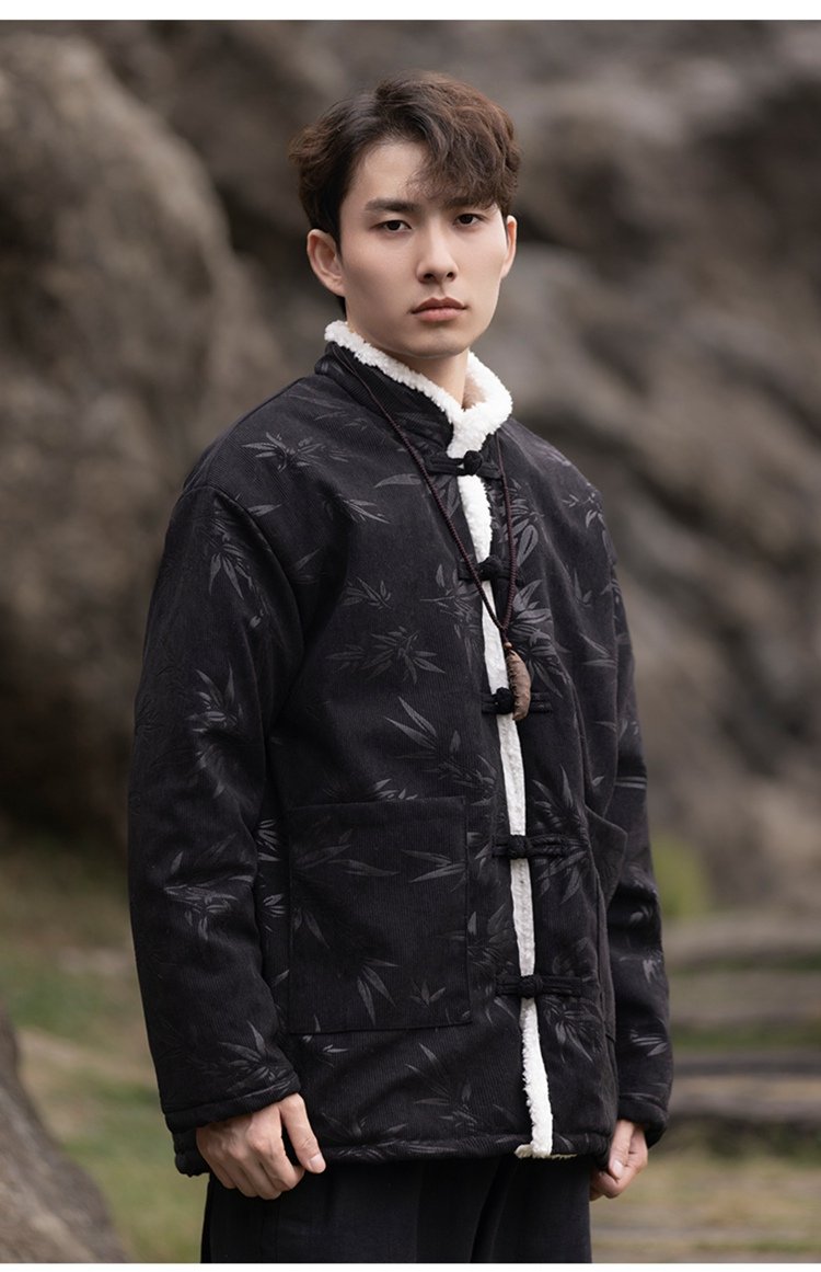 Mens Winter Coat Black Chinese Lamb Wool Jacket