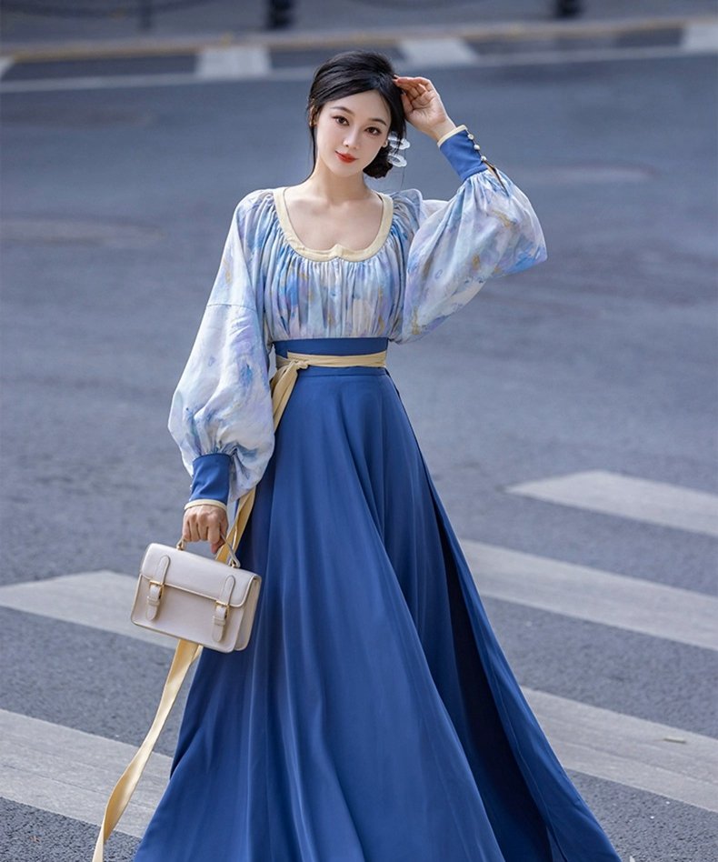 Modern Chinese Hanfu Dress Women's Blue Dress