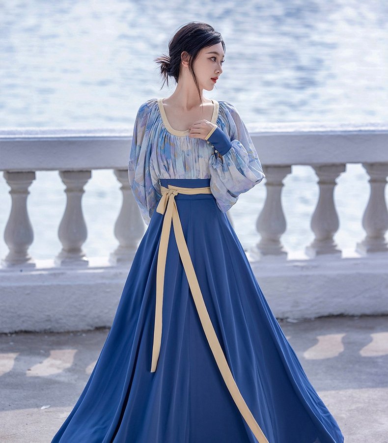 Modern Chinese Hanfu Dress Women's Blue Dress