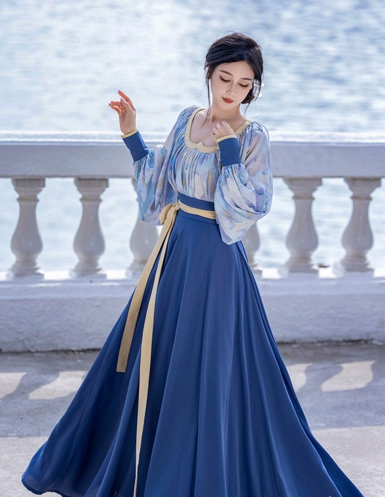 Modern Chinese Hanfu Dress Women's Blue Dress