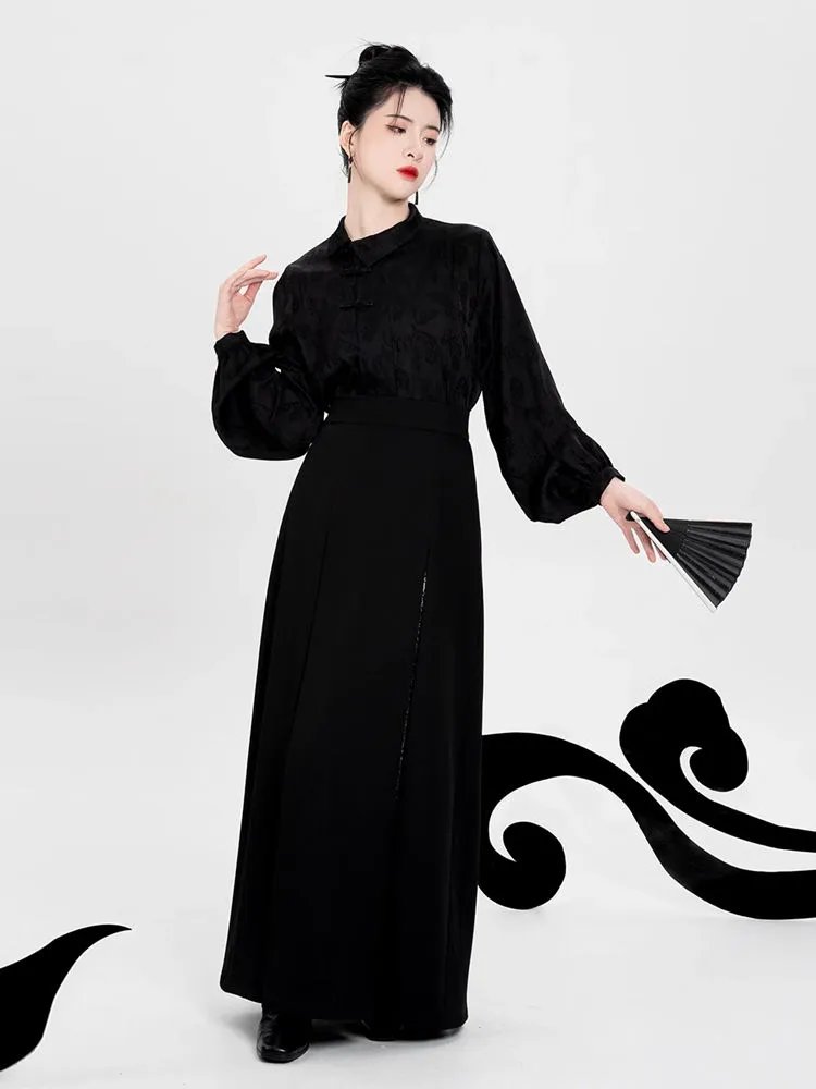 Modern Hanfu Black Skirt with Silver Brocade