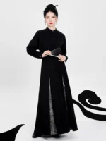 Modern Hanfu Black Skirt with Silver Brocade