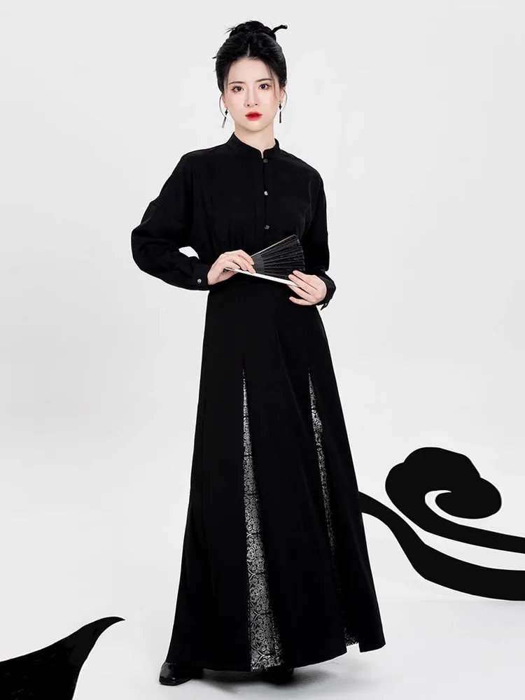 Modern Hanfu Black Skirt with Silver Brocade