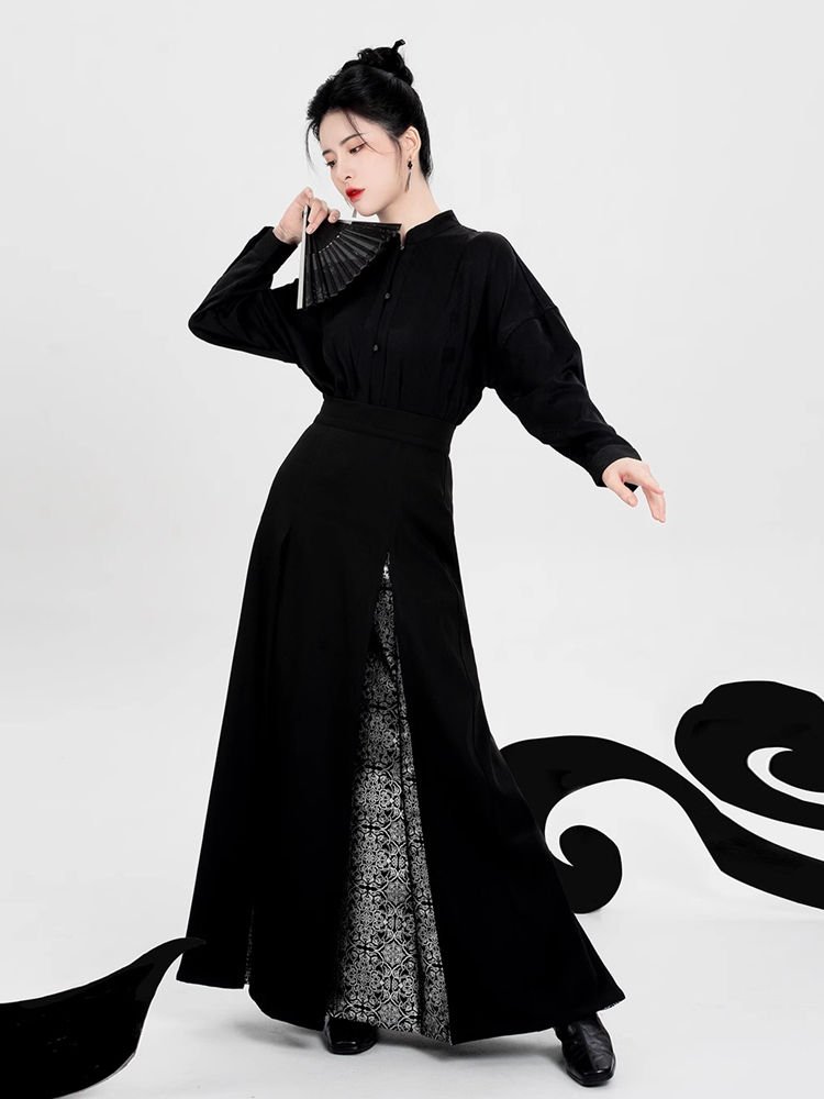Modern Hanfu Black Skirt with Silver Brocade