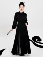 Modern Hanfu Black Skirt with Silver Brocade - Image 4